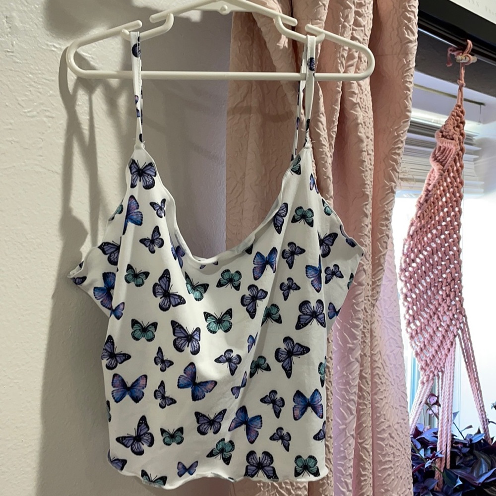 white crop top tank with butterflies